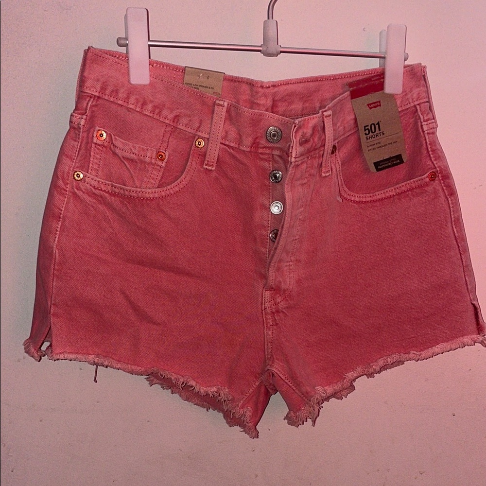 Levi's Pink Jean Shorts High-Waisted Distressed - Picture 2 of 6